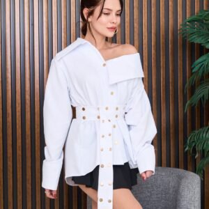 Düğme ve Kemer Detay Asimetrik Yaka Gömlek