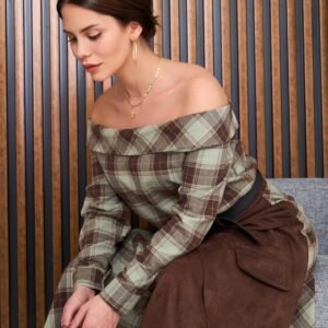 Scuba Ekoseli Süet ve Kemer Detay Tasarım Elbise