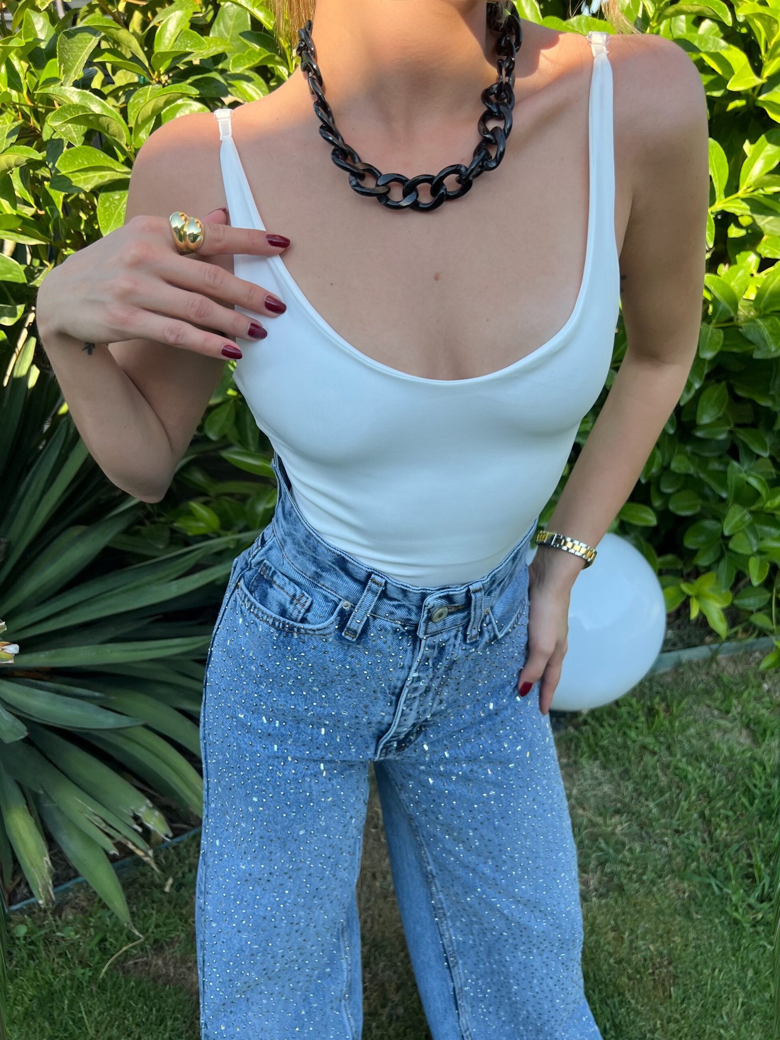 Beyaz U Yaka Çıtçıtlı Yarım Astarlı Bodysuit - Görsel 2